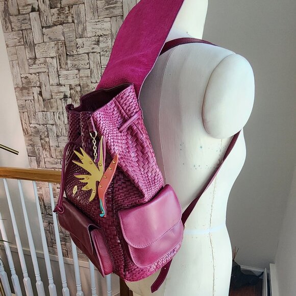 Woven Leather Backpack in Burgundy - Picture 8 of 15